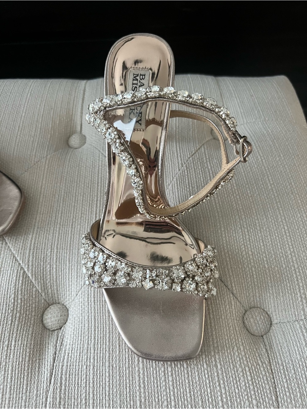 Badgley Mischka Rose Gold Crystal-Strap Heeled Sandals - Picture 2 of 7